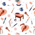 Clay crafting seamless pattern in doodle style.Pottery modeling and sculpture tools,instruments. Ceramics workshop.